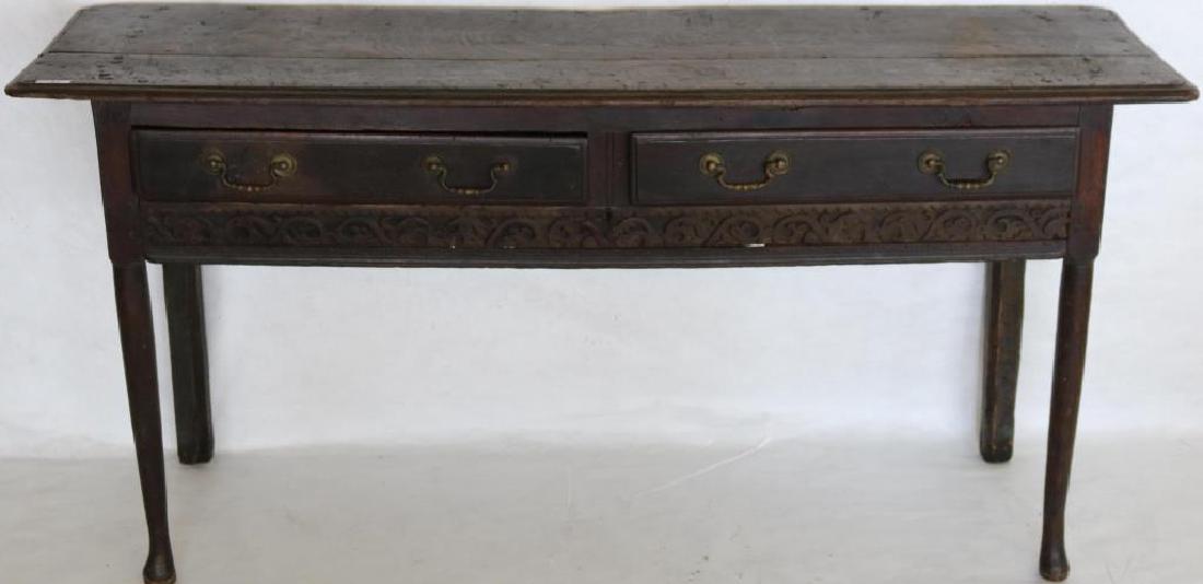 18TH C. ENGLISH QUEEN ANNE 2 DRAWER SERVER W/: CARVED FRIEZE, SOME CRACKING AND AGE APPROPRIATE WEAR, 30" H X 53" W X 18" D