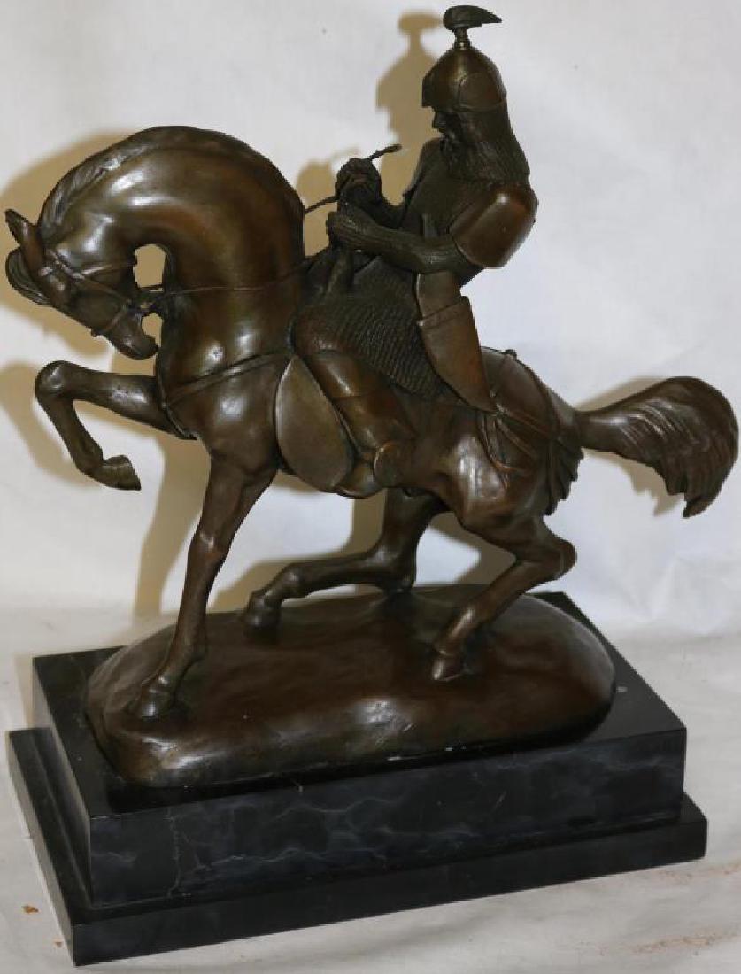 20TH C. BRONZE FIGURE OF A KNIGHT ON HORSEBACK,: SIGNED MILO, W/ FOUNDRY MARK EUROPEAN BRONZE FINERY, ON MARBLE BASE, 14 3/4" H X 12" W X 6 1/2" D
