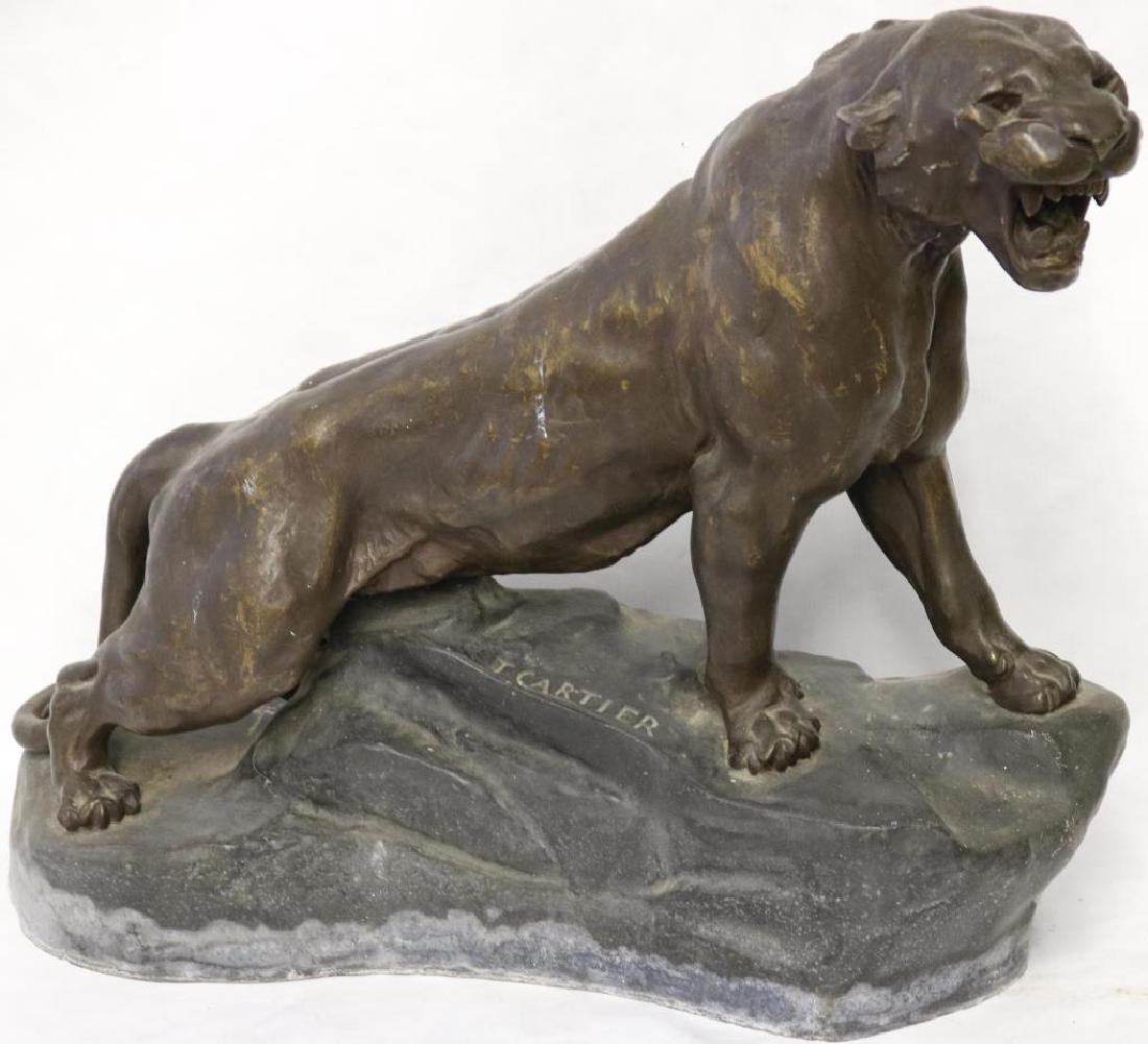 BRONZED FIGURE OF LIONESS, SIGNED T. CARTIER,: FRENCH FOUNDRY MARK, 16" H X 20" W X 7" D