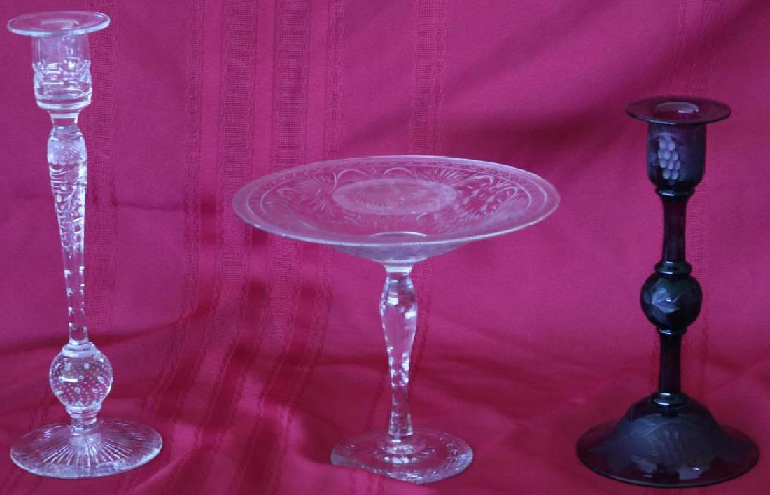 COLLECTION OF 3 QUALITY PIECES OF PAIR POINT TO: INCL. FOOTED COMPOTE, AMETHYST CANDLESTICK W/ ENGRAVED GRAPE AND LEAF, NOTTINGHAM PATTERN CANDLESTICK, 7 1/2" - 12" H