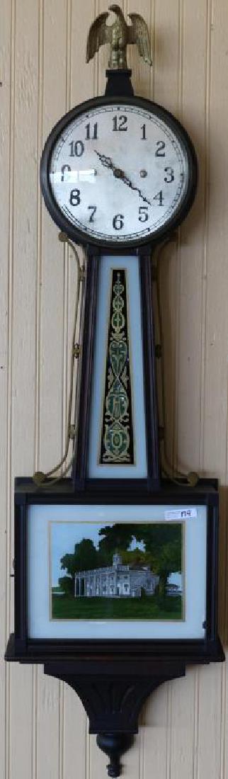 NEW HAVEN BANJO CLOCK W/ REVERSE PAINTED: DECORATION OF MT. VERNON, MAHOGANY CASE W/ BATTERY MOVEMENT, 45" H