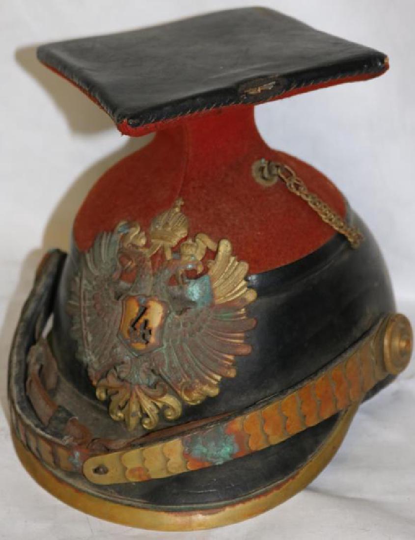 19TH C. ADOLF MUELLER & SOHNE PRUSSIAN PARADE: HELMET, AS-FOUND CONDITION, TARNISHED BRASS, HELMET IN BASICALLY GOOD CONDITION, 7" H X 8" W X 9 1/2" D