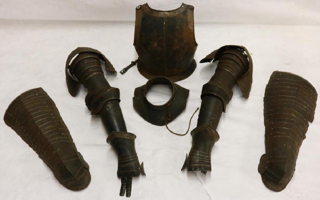 PARTIAL SUIT OF 16TH C. ENGLISH ARMOR TO INCLUDE: BREASTPLATE, NECK GUARD, THIGH & GAUNTLETS; 8 PCS, GAUNTLETS MISSING SEVERAL FINGERS, BREAST 14" H, THIGH/KNEE 26 1/2", SHOULDER/ARM 25", GAUNTLETS APPROX. 12", NECK 6 3/4" DIA.