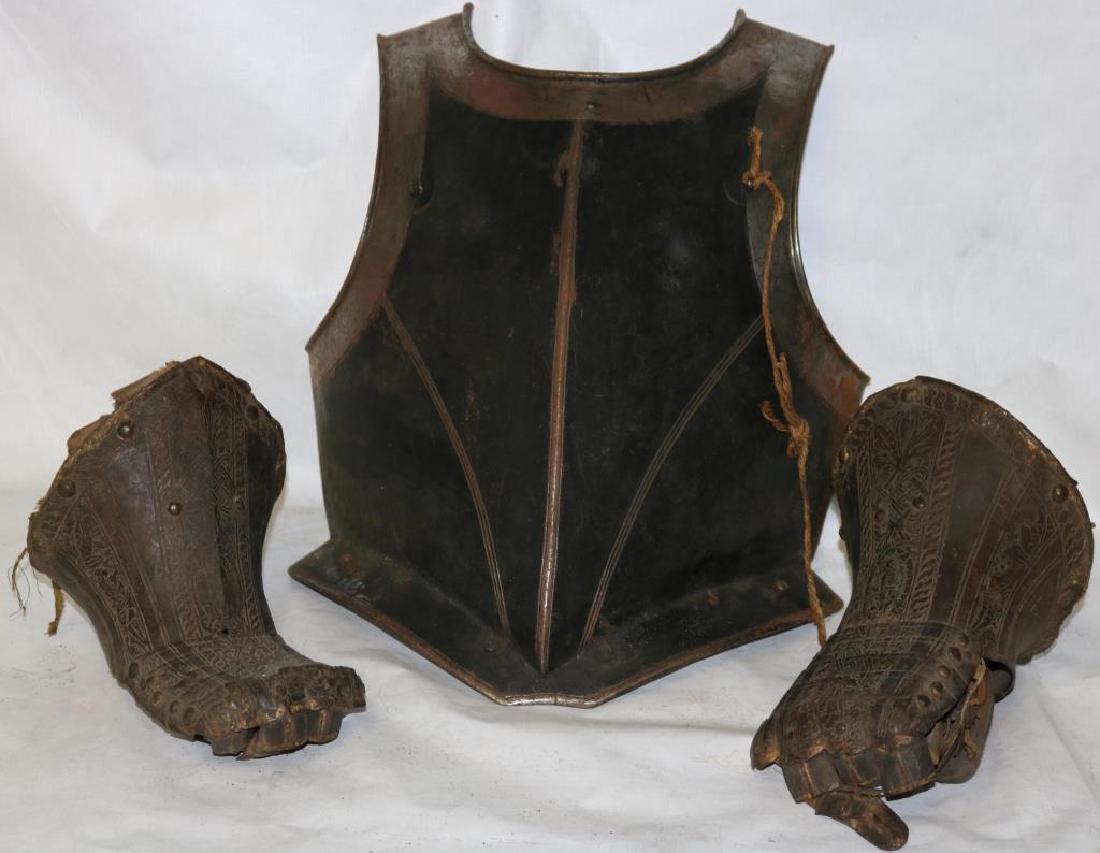 3 PCE LOT OF EARLY 17TH C. GERMAN ARMOR TO: INCLUDE ENGRAVED GAUNTLETS & WROUGHT BREASTPLATE, GAUNTLETS 10 1/2" L, 1 MISSING THUMB GUARD, BREASTPLATE APPROX. 17" H X 13" W