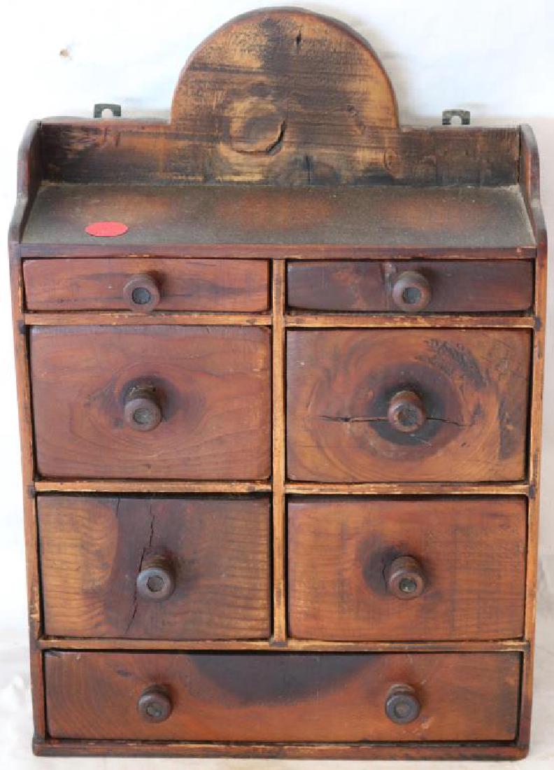 20TH C. PINE 7 DRAWER WALL HANGING SPICE BOX, OLD: REFINISHED CONDITION, 13 3/4" H X 9 1/4" W X 3 5/16" D