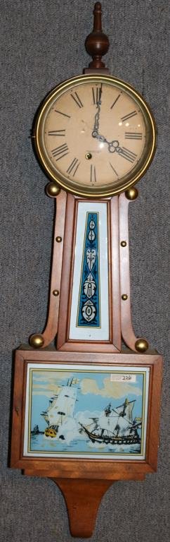 NEW HAVEN BANJO CLOCK W/ NAVAL BATTLE, MAHOGANY: W/ BRASS BUTTONS, 39 1/2" H X 10" W
