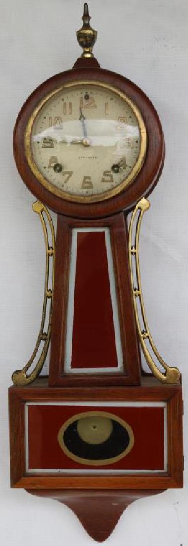SMALL NEW HAVEN BANJO CLOCK, MAHOGANY W/ PAINTED: GLASS, 18" H
