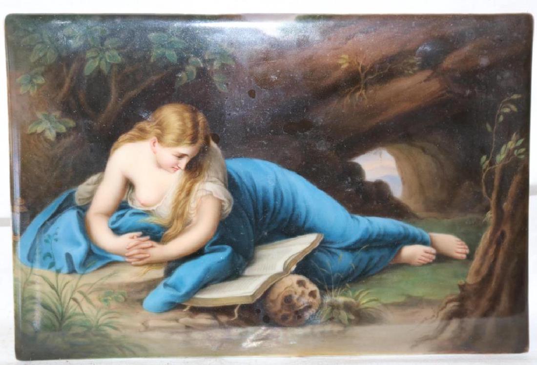 EXCEPTIONAL PAINTED PORCELAIN PLAQUE DEPICTING: SEMI NUDE WOMAN READING, W/ LABEL ON BACK "A L'INDUSTRIE SUISSE, 14 RUE DU RHONE 14, MAURICE BLOCH, GENEVE", 5 5/8" X 8 1/2"