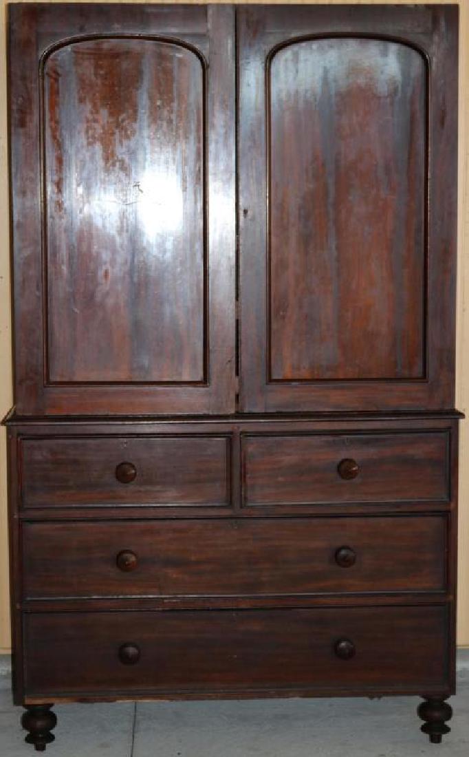 19TH C. ENGLISH MAHOGANY LINEN PRESS, 2 DOORS: OVER 2 DRAWERS, FITTED INTERIOR, MISSING CROWN MOLDED TOP, SHOWS OTHER IMPERFECTIONS, 78 1/2" H X 48" W X 21" D