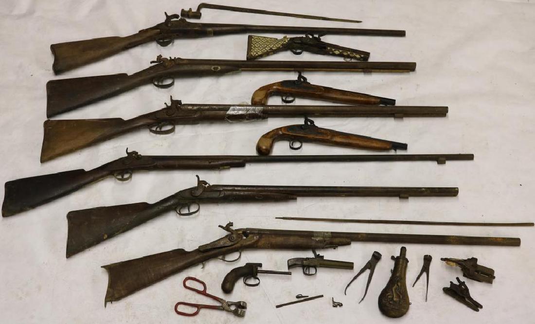 18 MISC. GUNS, PISTOLS, GUN PARTS, POWDER FLASKS,: BAYONET, ETC., EVERYTHING SHOWN IN AS-IS CONDITION, 2 NEW BLACK POWDER PISTOLS