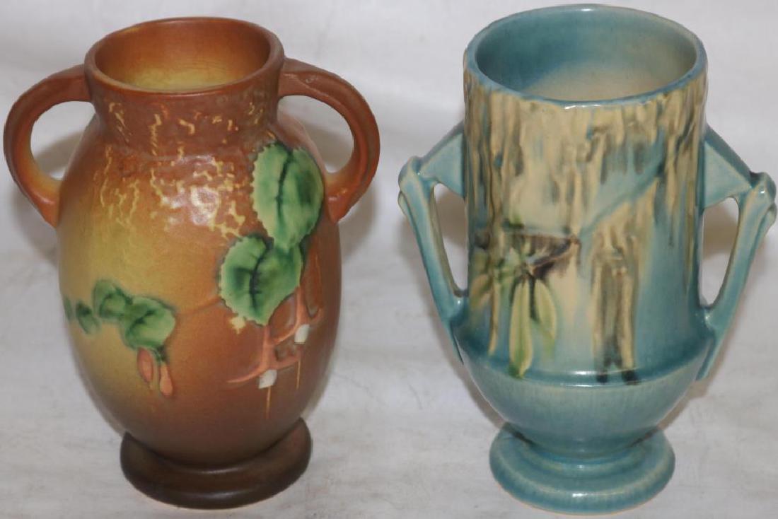 2 ROSEVILLE HANDLED VASES, 6 1/2”H, BLEEDING HEART: MOSS, 6 1/2”H