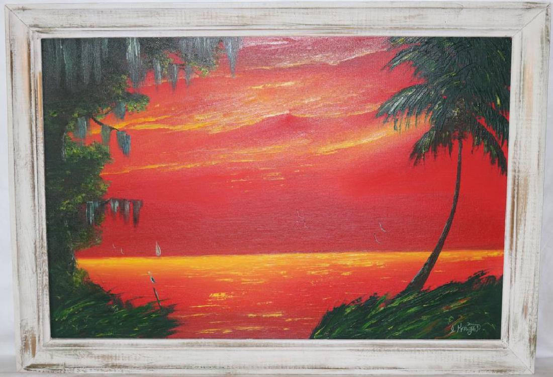 I. KNIGHT, HIGHWAYMAN OIL ON ARTIST BOARD,: FIRE SUNSET ON WATER, SIGNED LOWER RIGHT (ISAAC KNIGHT) 24" X 36"