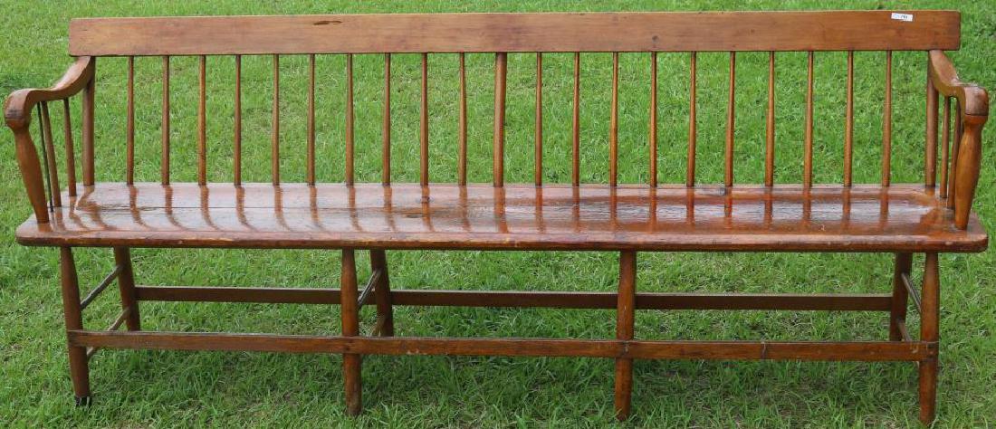 19TH C. PINE & MAPLE SPINDLE BACK DEACON'S BENCH, (1 of 2)