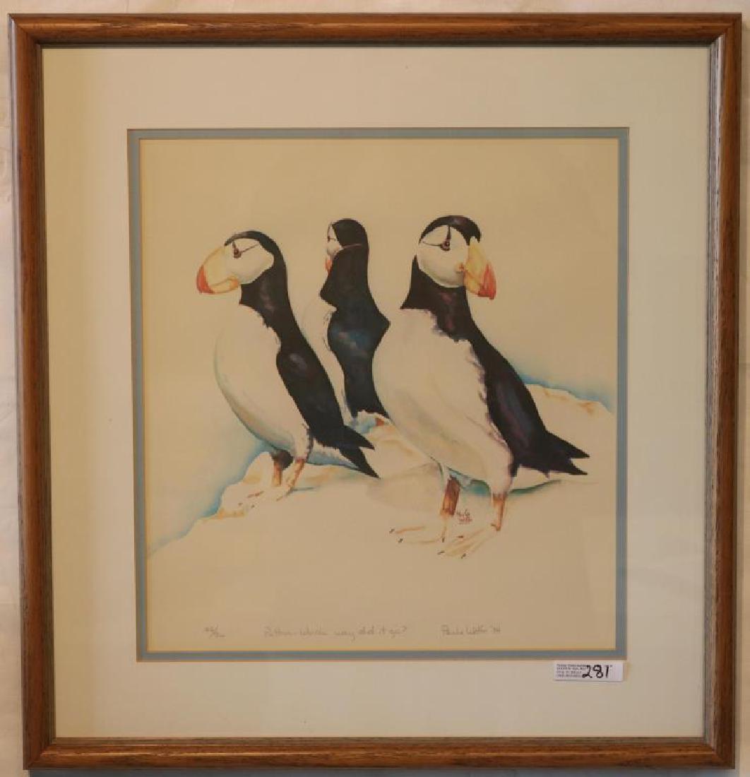 FRAMED & GLAZED LITHOGRAPH, PUFFINS, “WHERE DID (1 of 2)