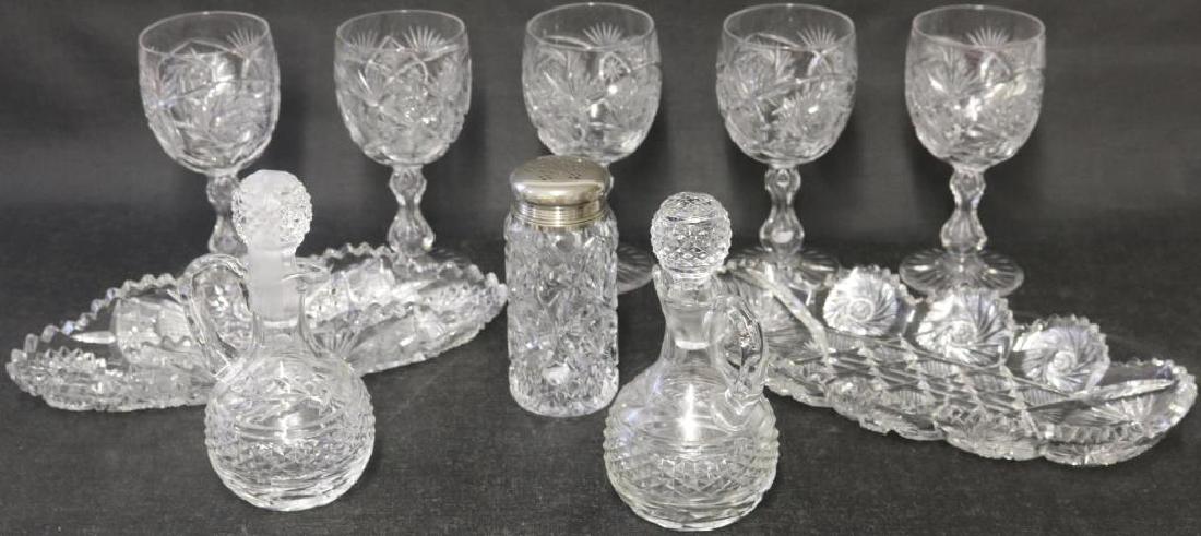 10 PCS CUT GLASS, 5-7” BRILLIANT CUT HOLLOW STEM: GOBLETS (1 W/SMALL CHIP IN BASE), 2 TRAYS 12”, SHAKER 6”H & 2-7 1/2” WATERFORD TYPE CRUETS