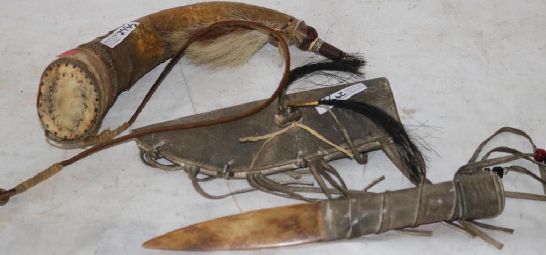 LEATHER & ONE KNIFE TOGETHER W/ POWDER HORN, (1 of 2)