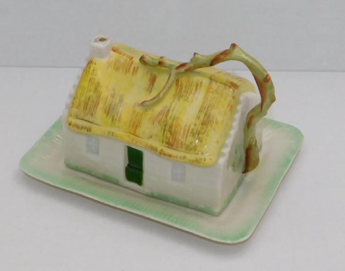 BELLEEK RARE PAINTED COTTAGE COVERED BUTTER/: CHEESE, FACTORY FLAW ON UNDER-LIP OF LID (SEE PIC), 6TH/3RD GREEN MARK, APPRX 5 IN. TALL AND 6 IN. LONG