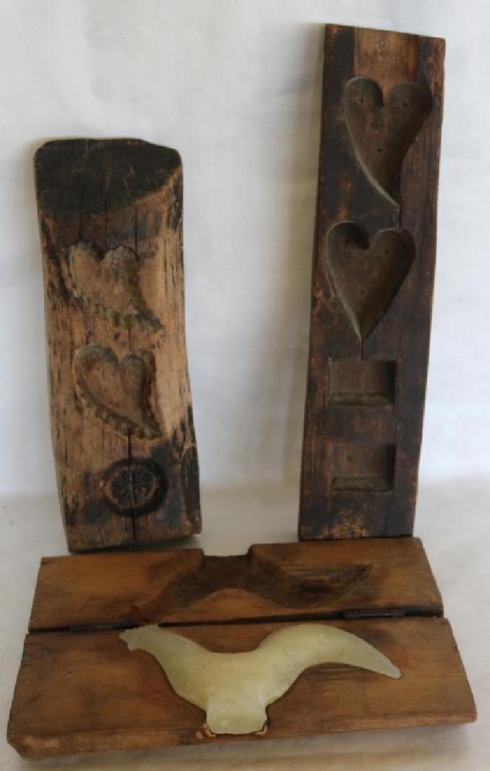 COLLECTION OF 3 CARVED WOODEN SUGAR MOLDS,: LEAF, HEART AND CHICKEN DESIGNS, APPROX. 10" - 19 1/2" OVERALL HEIGHTS