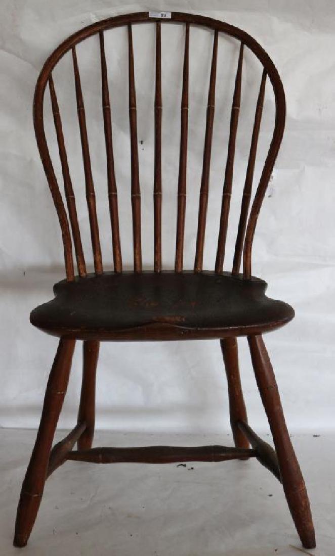 EARLY 19TH C. 9 SPINDLE HOOP BACK WINDSOR SIDE: CHAIR, OLD FINISH, BAMBOO TURNED LEGS, PINE PLANK SEAT, APPROX. 36" 1/2 X 21" X 13 1/2"