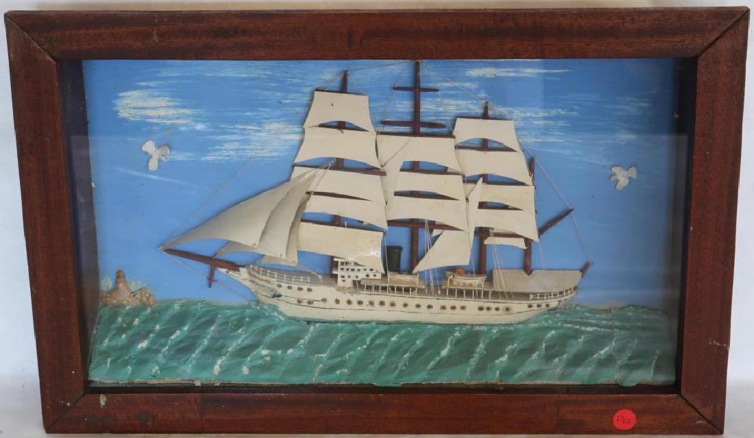 EARLY 20TH C. DIORAMA OF SAIL AND STEAM SHIP AT: SEA, APPROX. 14 1/4" X 22 1/2", GOOD OVERALL CONDITION