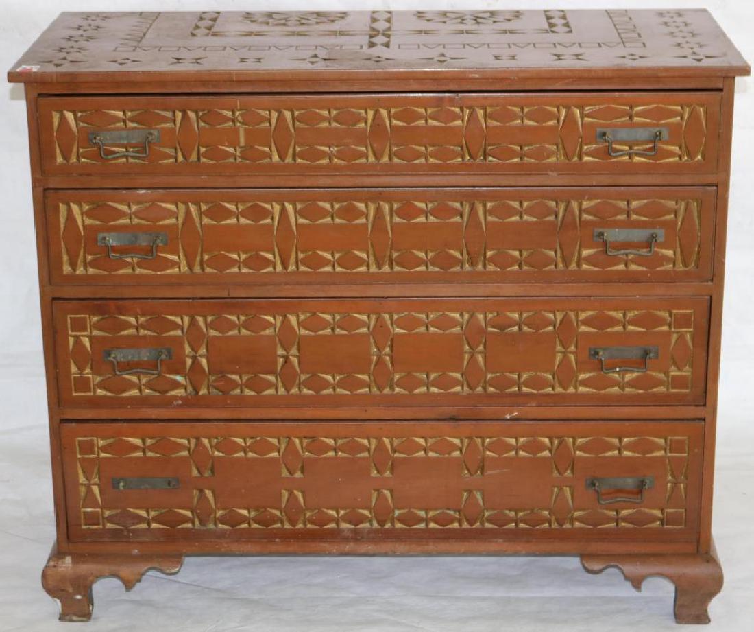 18TH C. 4 DRAWER OGEE BRACKET BASED CHEST, W/: UNUSUAL 19THC TRAMP ART CARVED GEOMETRIC DECORATION, W/ WORN GOLD PAINT TO CARVING, APPROX. 34" X 40 1/4"X 16 7/8"