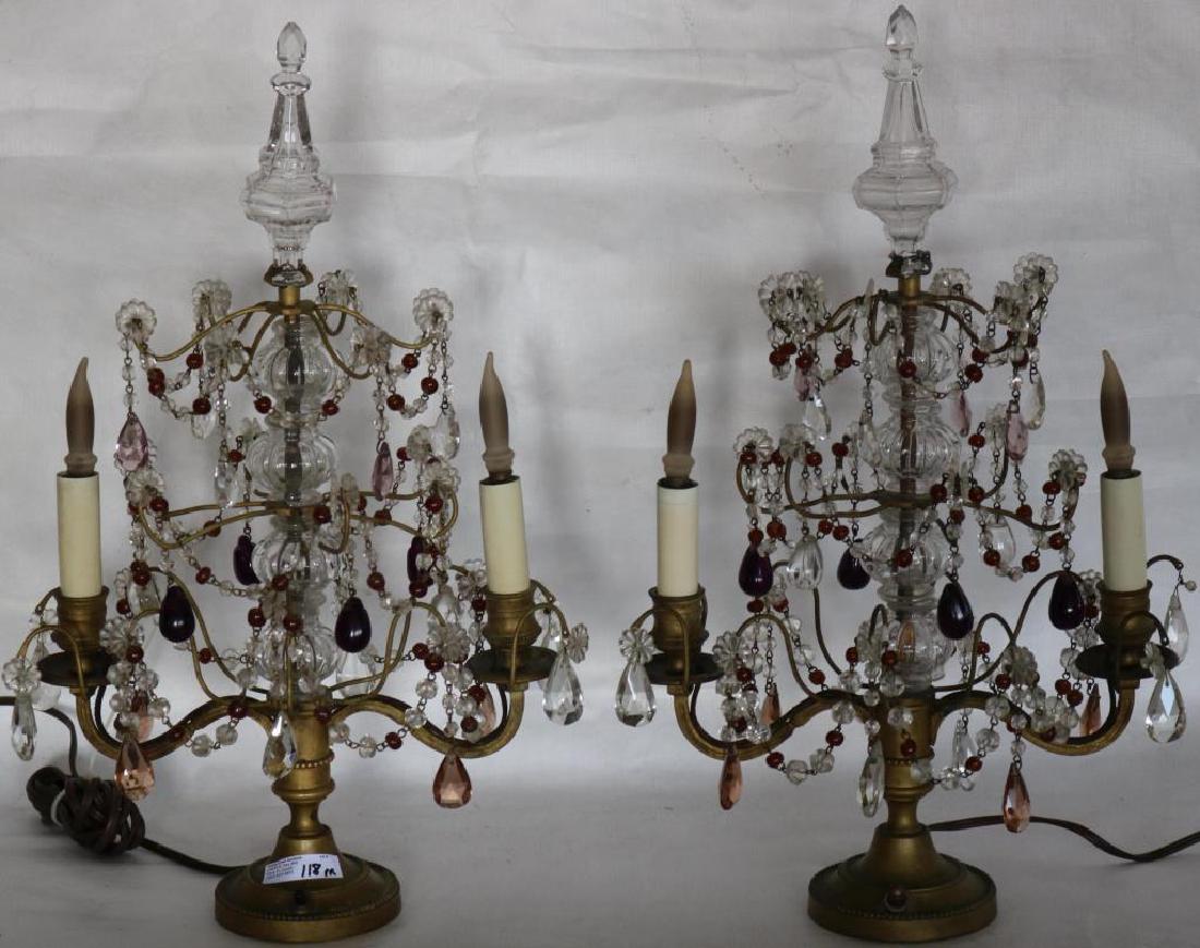 PAIR OF BACCARAT STYLE CRYSTAL AND BRONZE: GIRANDOLES/LAMPS, CRYSTAL AND COLORED PRISMS, TWO LIGHT, APPROX. 18 1/2" X 12" ONE FINIAL SHOWS SLIGHT DAMAGE