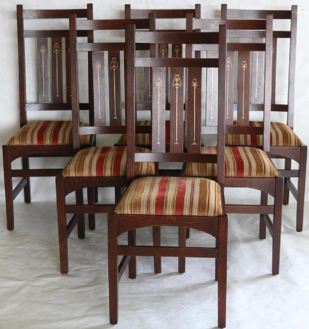 SET OF 6 CONTEMPORARY STICKLEY MISSION STYLE: DINING CHAIRS, W/ INLAID SLATS, EXCELLENT OVERALL CONDITION, APPROX. 42 3/4" X 17 1/2" X 17 1/2"