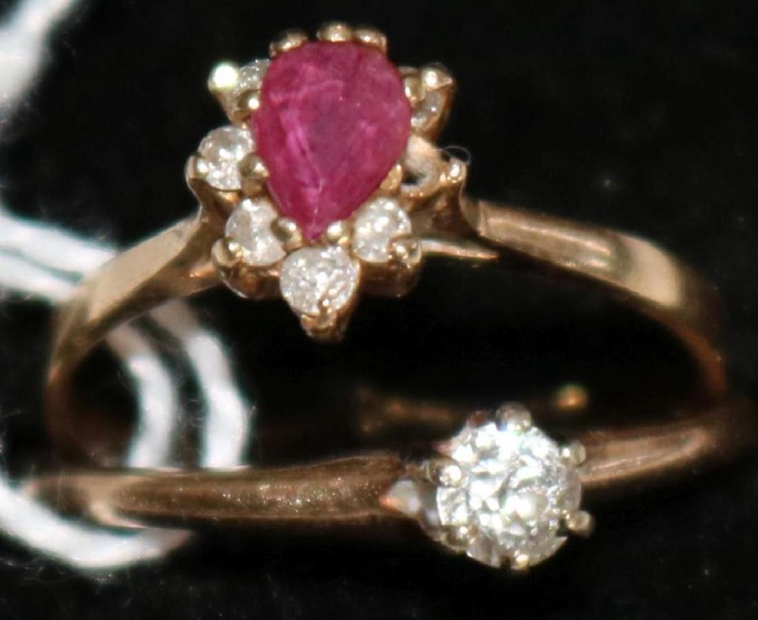 TWO GOLD 14K RINGS, LADIES YELLOW GOLD INCLUDING,: DIAMOND, .2 CARAT SOLITAIRE, TOGETHER W/ DIAMOND/RUBY CLUSTER, MISSING ONE DIAMOND CHIP