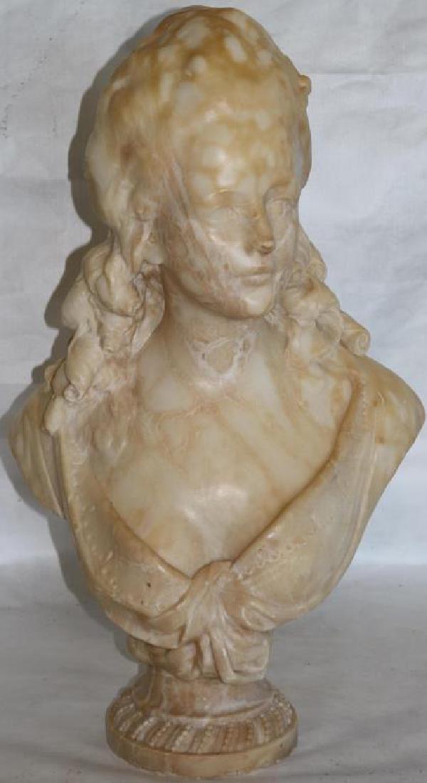 CARVED ALABASTER BUST OF ART NOUVEAU STYLE: WOMAN, SIGNED ANT. V. D. K NELSON, APPROX. 25" X 14" X 7 1/2"