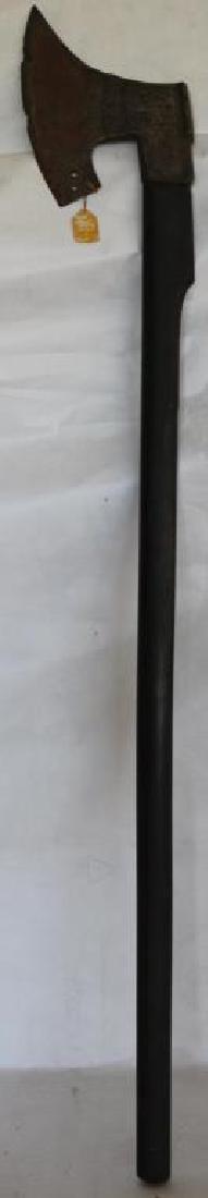 MEDIEVAL WROUGHT IRON HALBERD ON CARVED: WOODEN HANDLE, W/ OLD FINISH APPROX. 42" OVERALL