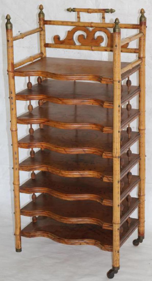 LATE 19TH C. BAMBOO AND MAPLE 7 TIERED SHEET: MUSIC STAND W/ BRASS TRIM, APPROX. 39" X 17 1/2" X 13"