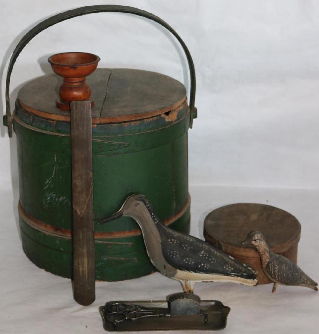 PRIMITIVE LOT TO INCLUDE PANTRY BOX, W/ AS: FOUND COVER, SHEFFIELD CANDLE SNUFFER AND TRAY, BALEEN BUSK, AS-IS, SMALL WOODEN SHORE BIRD, TIN SHORE BIRD AND WOODEN SANDER, 2" TO 18" HIGH