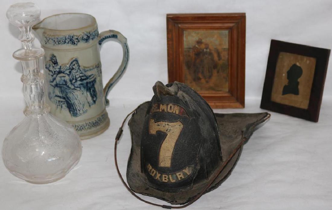 LOT TO INCLUDE OLD FIREMAN'S HAT IN AS-IS: CONDITION, SALT GLAZED PITCHER, SHOWS CRACK, EARLY DECANTER, NEEDS CLEANING, EARLY 19TH C. PAINTING, NEEDS FRAME AND OIL ENHANCED PRINT ON PANEL