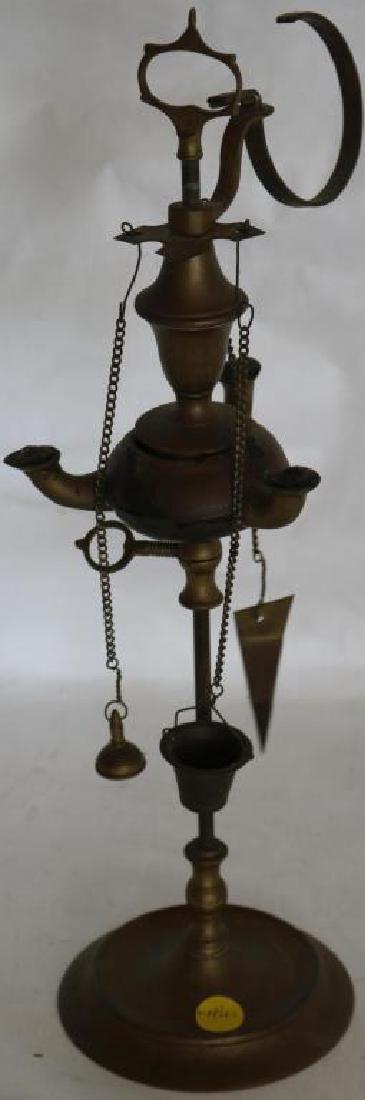 20TH C. ADJUSTABLE BRASS FAT LAMP: WITH ATTACHMENTS, 16 1/4" H