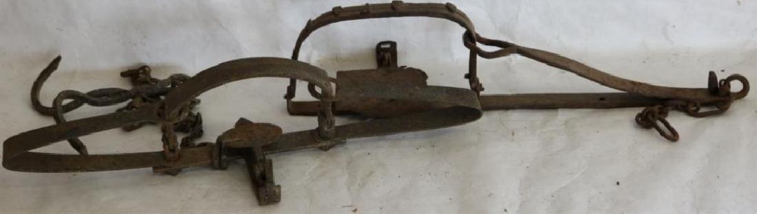 2 LATE 19TH C. WROUGHT IRON LIVE ANIMAL: TRAPS, POSSIBLY FOR BEAR, APPROX. 23" AND 25"