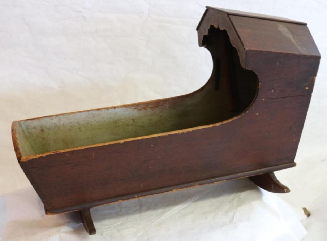LATE 18TH C. HOODED CRADLE, PINE, W/ OLD BLUE: PAINTED INTERIOR APPROX. 27" X 39 1/2" X 22"