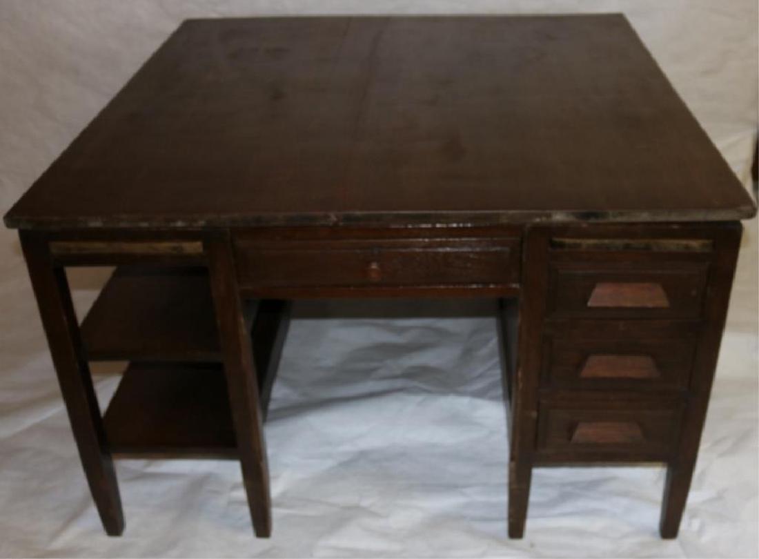 EARLY 20TH C. OAK PARTNERS DESK, ONE SIDE W/: BOOKSHELVES, OTHER W/ DRAWERS, APPROX. 29 1/2" H 48" X 48" SQ.