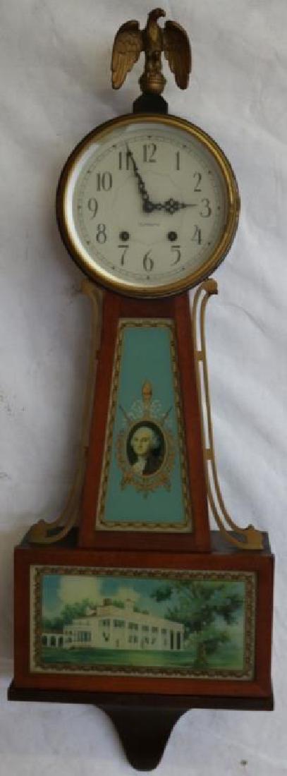 1920'S BANJO CLOCK BY PLYMOUTH W/ GEORGE: WASHINGTON AND MT VERNON SCENES, TIME AND STRIKE, APPROX. 30" X 9 3/4"