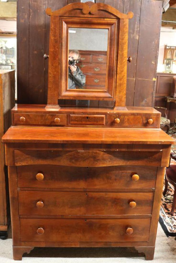 19TH C. EMPIRE CHEST W/ MIRROR, BEAUTIFUL: CROTCH MAHOGANY VENEERS, SHAPE TOP MIRROR, GLOVE BOXES, MOLDED DRAWER OVER 3 DRAWERS, CLEAN OLD FINISH, APPROX. 6' X 43" X 20 1/2"D