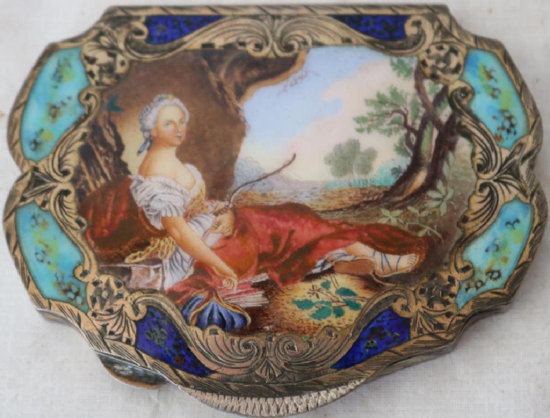 EUROPEAN ENAMELED COMPACT, 800 SILVER, W/: RECLINING WOMAN, BEVELED MIRROR, NO VISIBLE DAMAGE, 3 5/8" X 2 7/8"