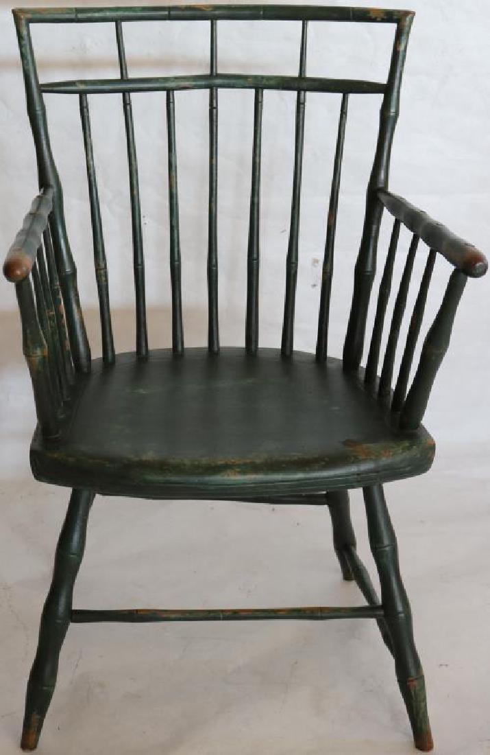 19TH C. BIRD CAGE WINDSOR ARM CHAIR W/ OLD: AND RESTORED GREEN PAINT, SHOWS RECEIPT FROM NEW PROVIDENCE PENNSYLVANIA AUCTIONS, PRIES ESTATE, ORIGINAL PRICE 675, APPROX. 35" X 22" X 16" D