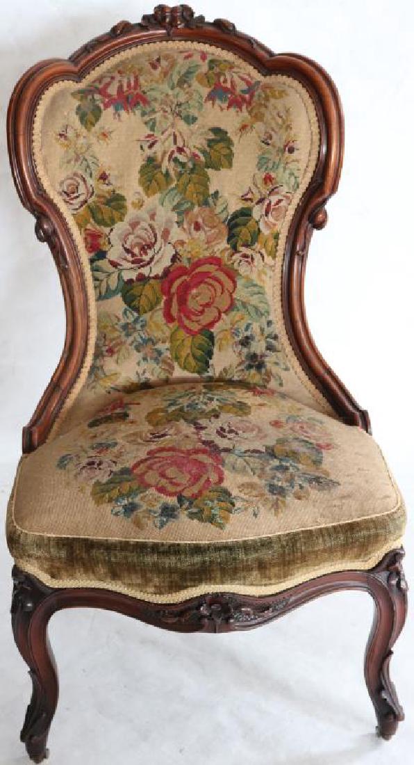 ORNATELY CARVED VICTORIAN LADIES CHAIR W/ ORIGINAL: NEEDLEPOINT UPHOLSTERY, FLORAL CARVED BACK, EXCELLENT CONDITION, 36" X 20" X 18" D, 16" S.H.