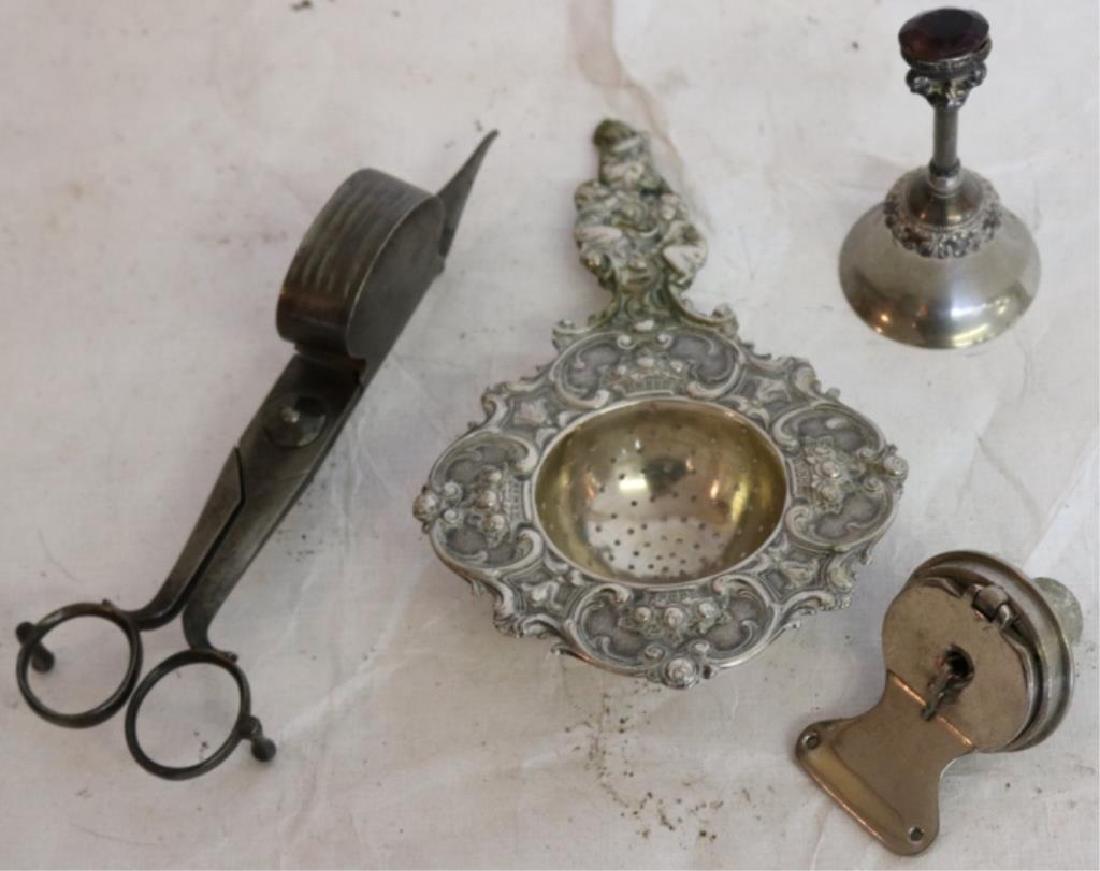 LOT OF 4 ITEMS INCL. ORNATE 800 SILVER STRAINER,: 2.95 OZT, 6 1/4" CANDLE SNUFFER, 3" BELL W/ AMETHYST AND EDISON REPEATED MODEL C