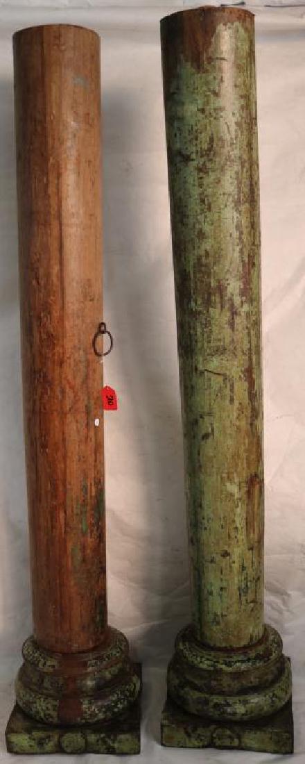 2 PAIR OF INDONESIAN TURNED COLUMNS, TWO PART,: GREEN PAINTED AND ONE HAS BEEN STRIPPED 77 1/2" H X 14 1/2" BASE