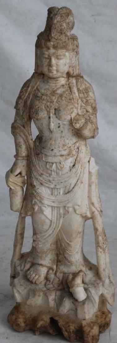 19TH C. CARVED MARBLE INDONESIAN GODDESS, AS IS,: HEAD REPAIRED, SHOWS MULTIPLE REPAIRS AND PIECES MISSING, 43"H X 13 1/2"W X 9"D