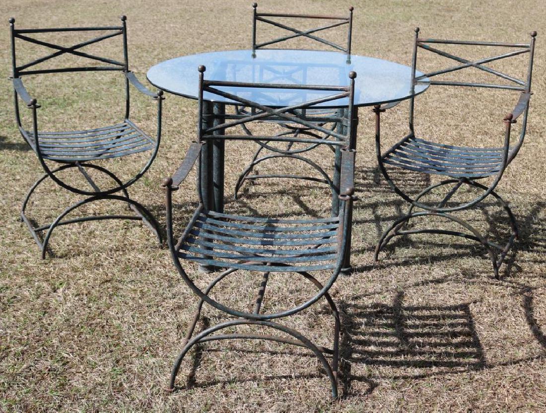 5 PC CHILEAN IRON PATIO SET, REGENCY STYLE, OLD: PATINA FINISH, TABLE MEAS 29"H X 43 1/4"D, CHAIRS MEAS. 35"H X 21 1/2"W, ONE CHAIR NEEDS WELD IN SEAT BANDS