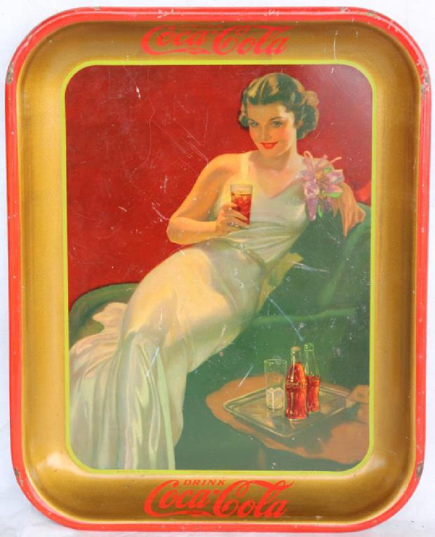 LITHO TIN COKE TRAY, 1936, RECLINING WOMAN, SOME: SURFACE SCRATCHING 13 1/4"H X 10 1/2"W