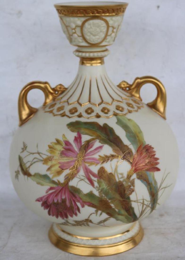 LARGE ROYAL WORCESTER HANDLED VASE W/ GILT AND: FLORAL DECORATION, 11 1/2"H X 8" DIAMETER