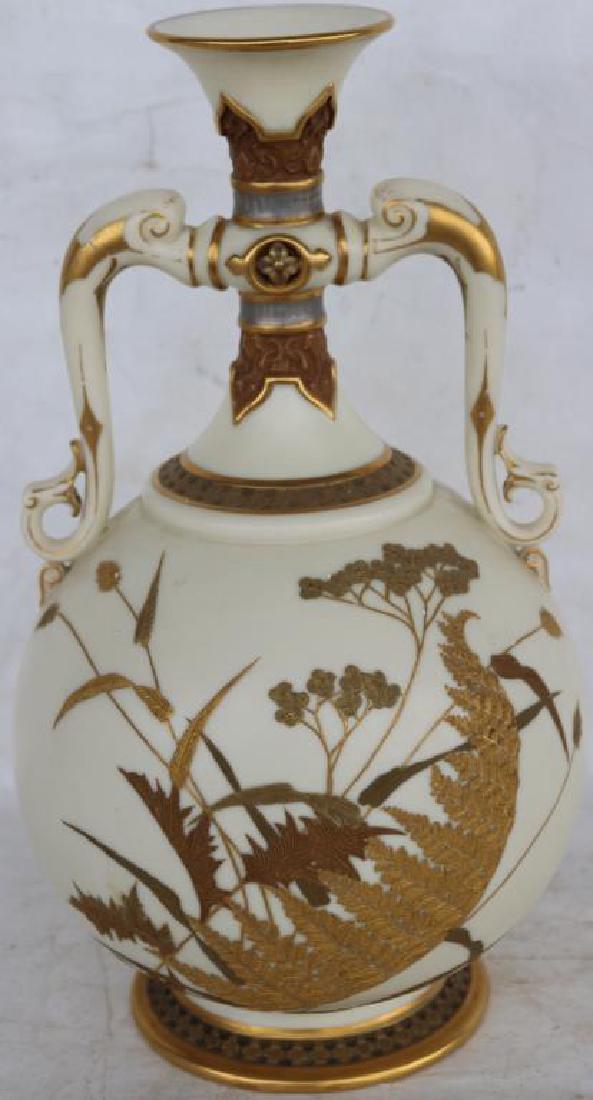 ROYAL WORCESTER DOUBLE HANDLED VASE W/ GILT AND: EMBOSSED LEAF DECORATIONS, 11"H X 6 1/2" DIAMETER