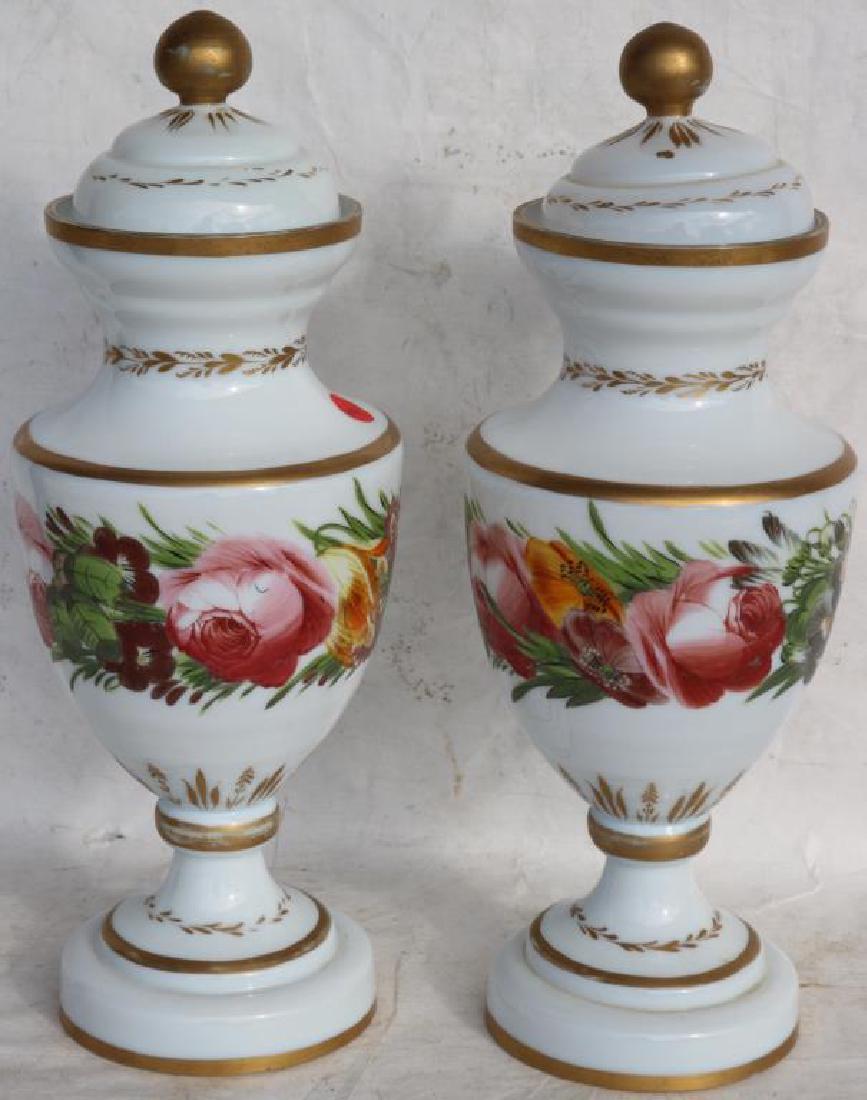 PAIR OF 19TH C. OPAL GLASS COVERED URNS, FLORAL: DESIGN, PROBABLY BRISTOL, 15"H X 5 1/2" DIAMETER
